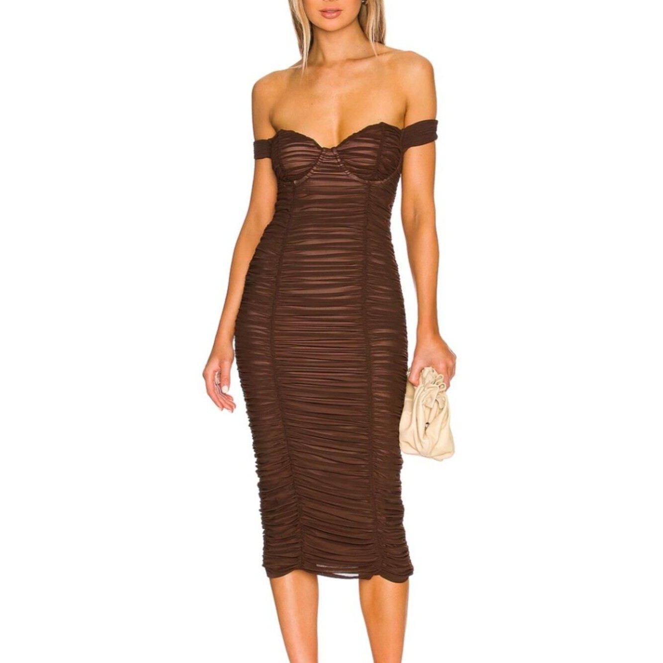 Majorelle Tabitha Ruched Off Shoulder Midi Dress Brown Xs